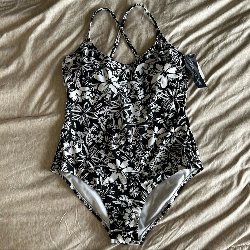 NWT Aqua Couture Floral Black and White Racer Back Women's One Piece Swimsuit